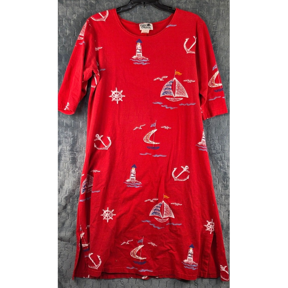 Copa Cabana Red Nautical Sailboat Lighthouse Cotton T-Shirt Dress Womens Large